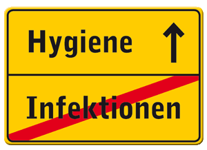 Ein Ortsschild mit der Aufschrift Hygiene als nächster Ort und Infektion als verlassenen Ort.